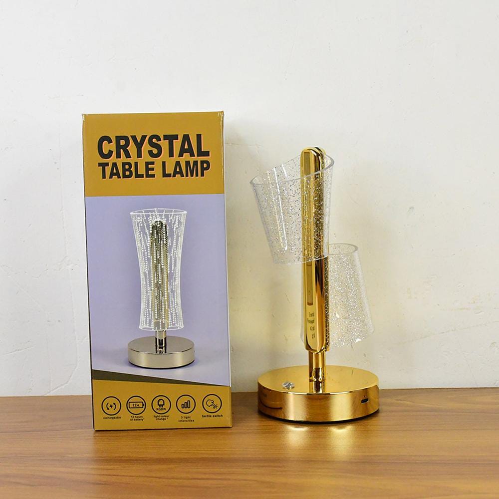 Modern Luxury Crystal LED Double Shade Table Lamp – Rechargeable Touch Lamp