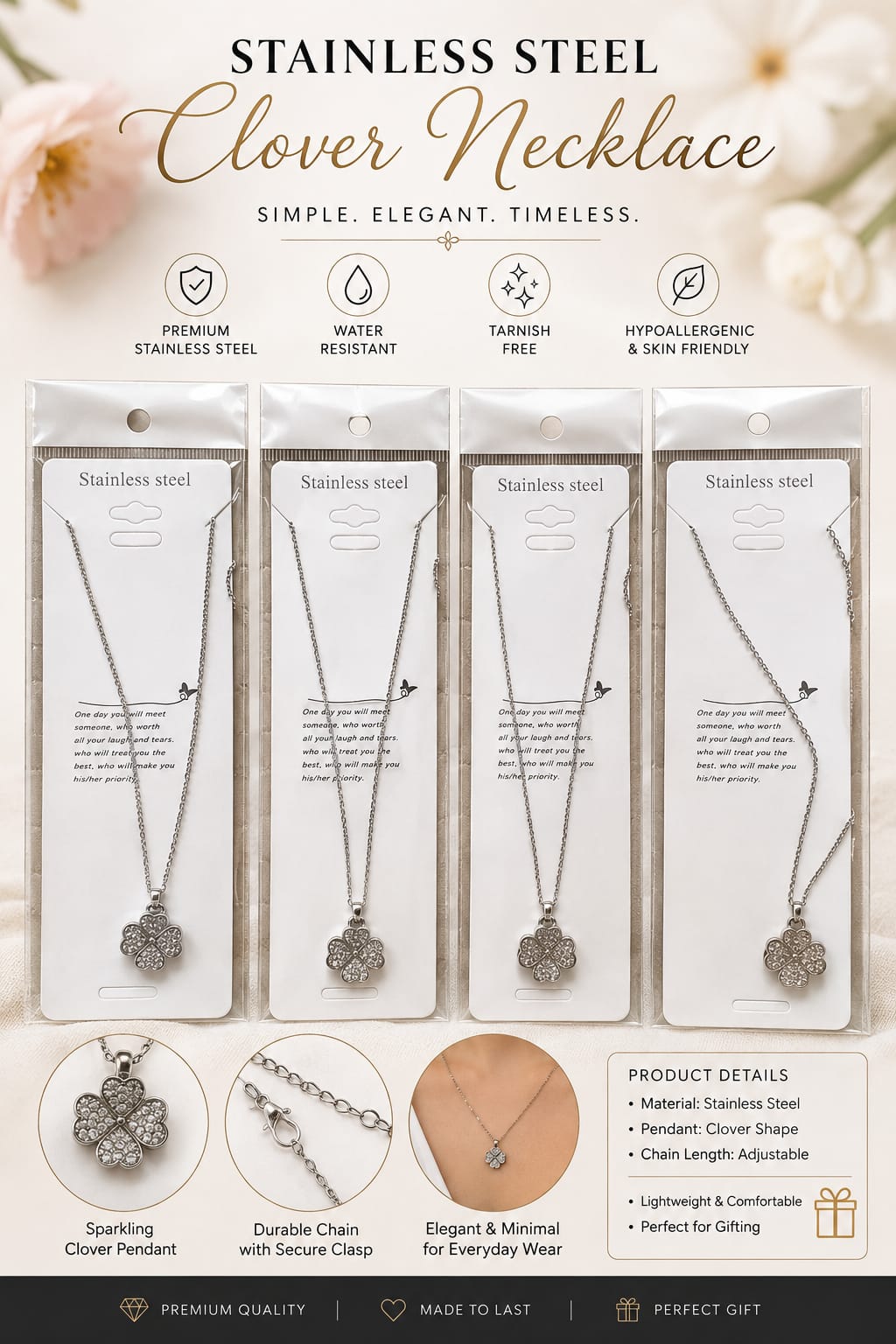 Stainless Steel Clover Necklace for Women – 4 Leaf Clover Pendant Jewelry