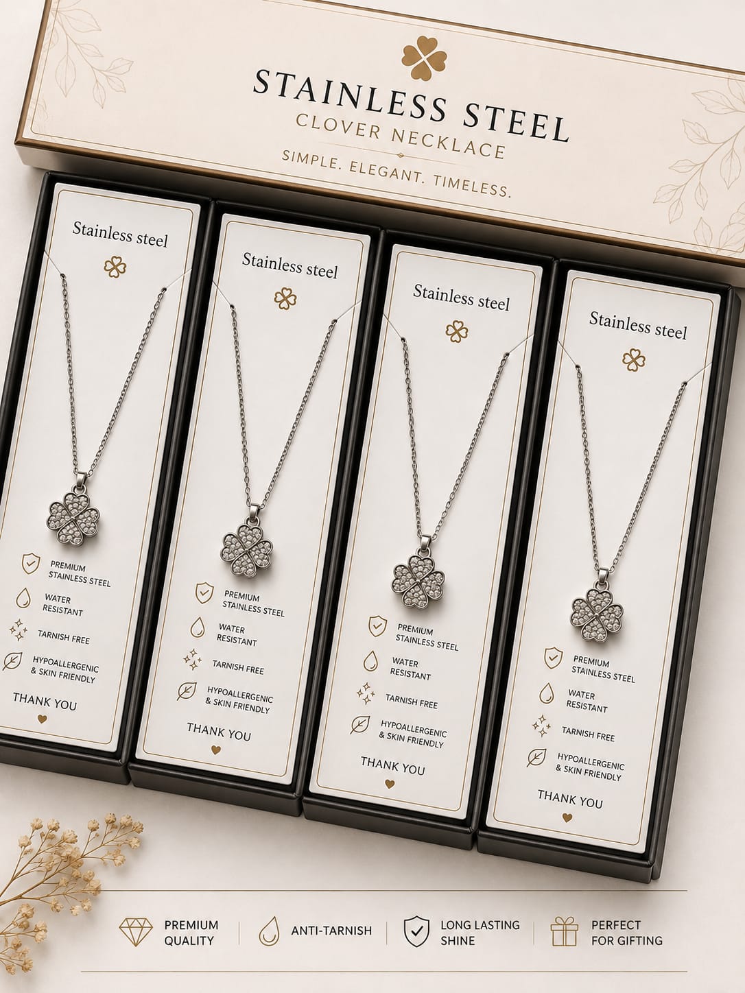 Stainless Steel Clover Necklace for Women – 4 Leaf Clover Pendant Jewelry