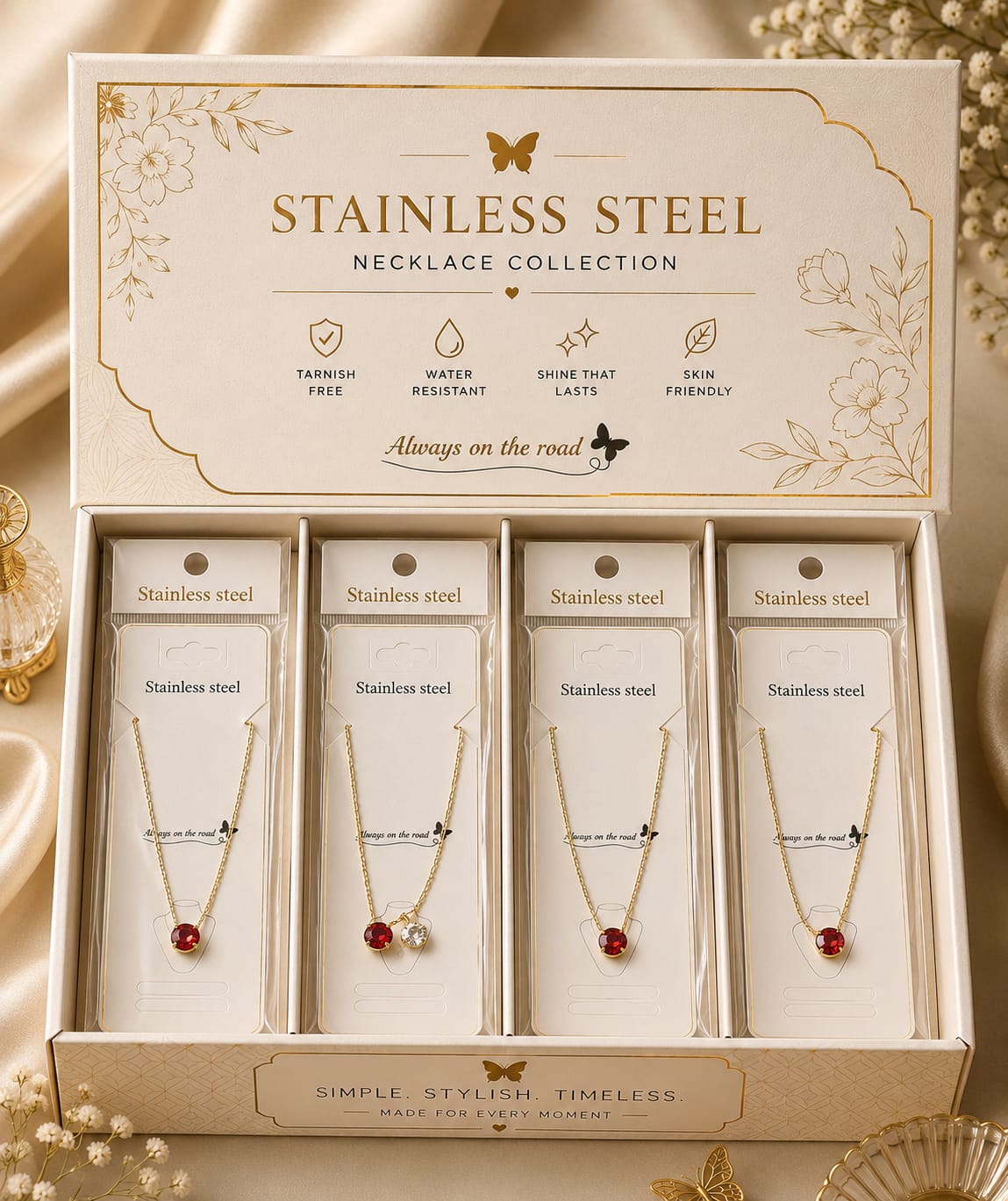 Premium Stainless Steel Necklace – Red Crystal Pendant | Elegant Everyday Jewelry