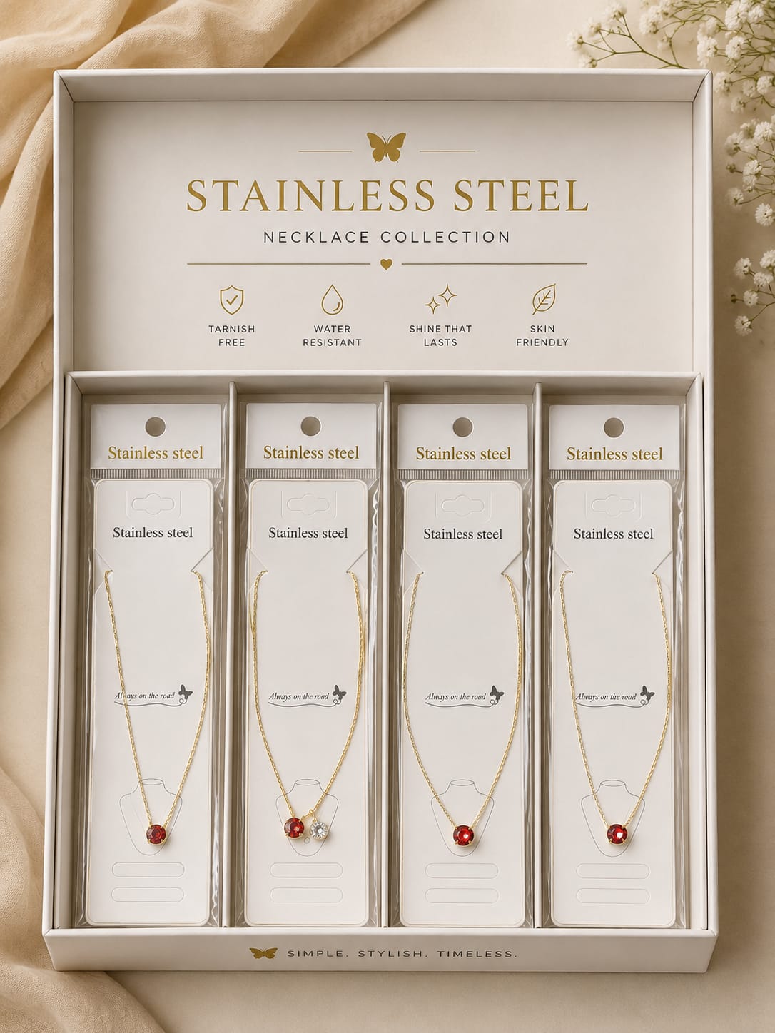 Premium Stainless Steel Necklace – Red Crystal Pendant | Elegant Everyday Jewelry