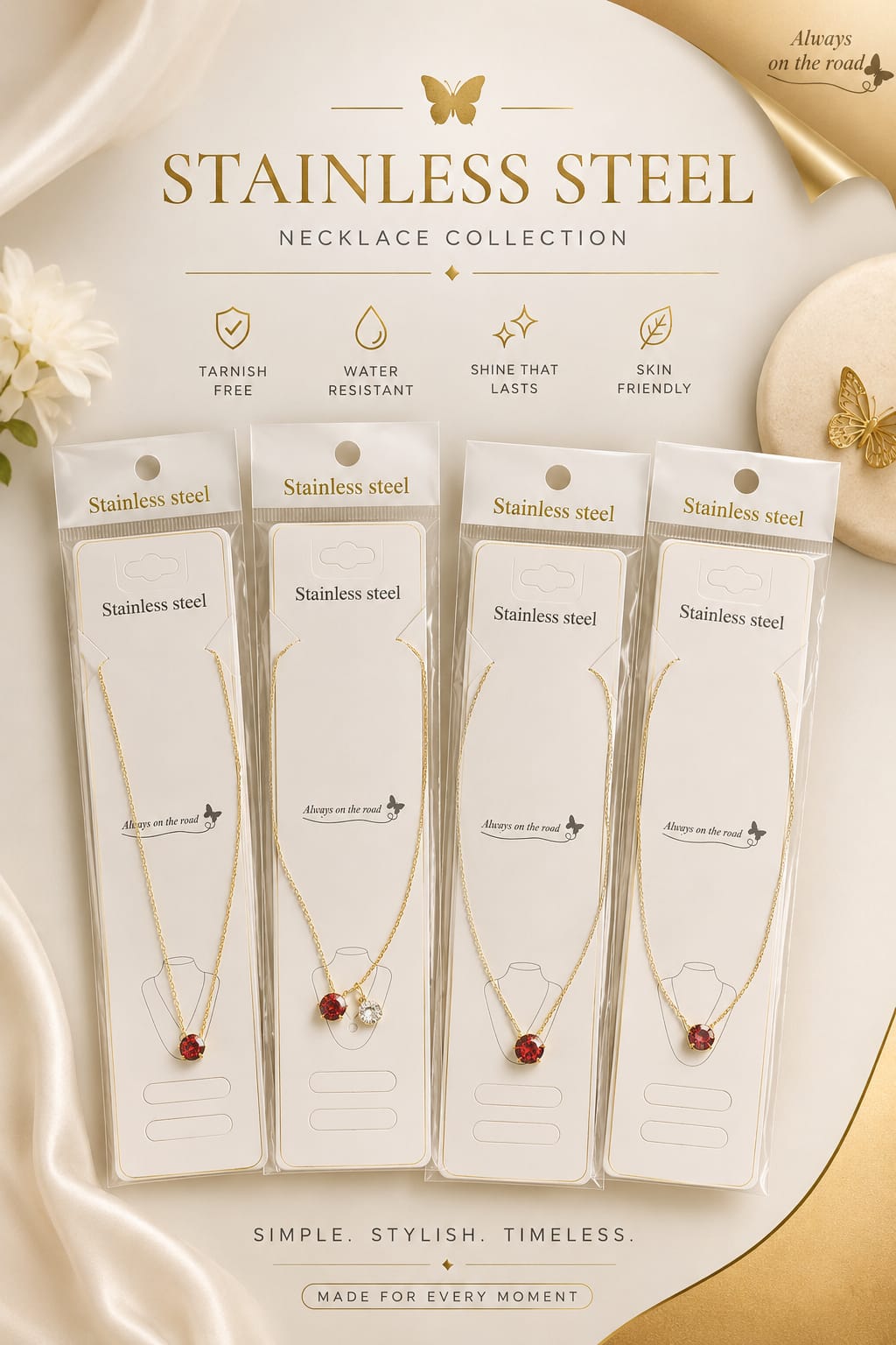Premium Stainless Steel Necklace – Red Crystal Pendant | Elegant Everyday Jewelry