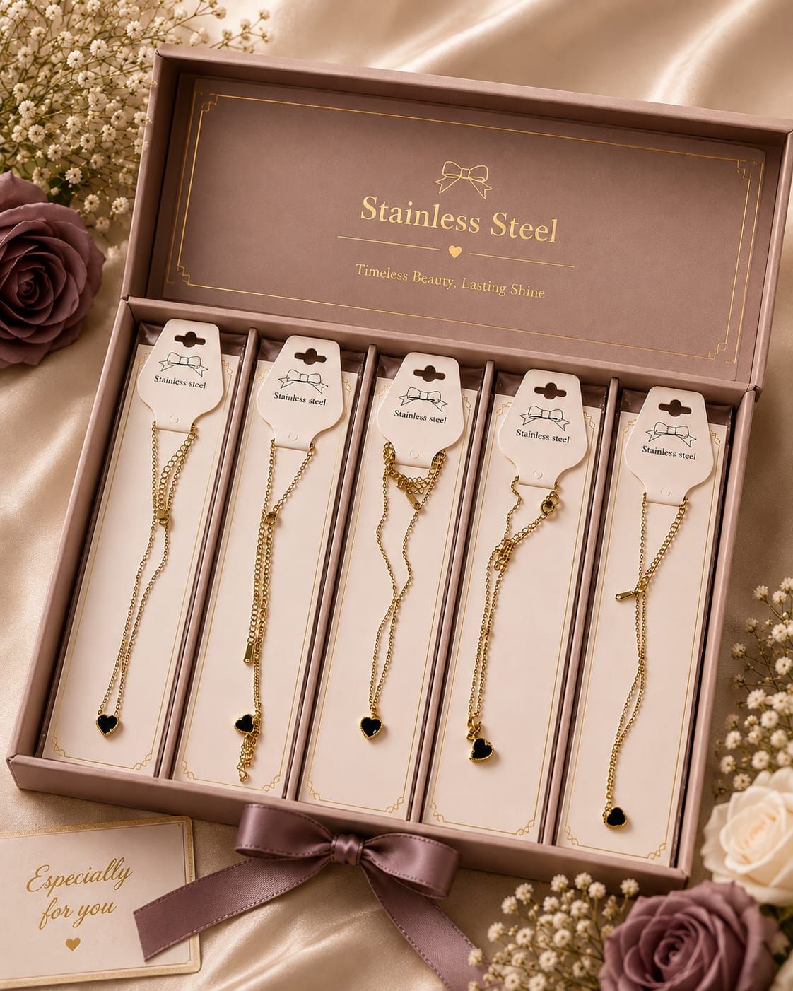 Elegant Gold-Tone Stainless Steel Heart Necklace Set – Luxury Gift Box Collection